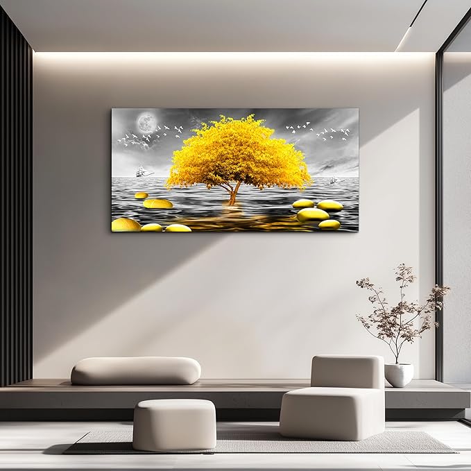 hyidecorart Canvas Wall Art 30"X60" - Black And White Ocean Scenery & Yellow Tree Art Print, Large Wall Decor Posters Abstract Pictures for Living Room, Bedroom, Office Modern Home Decor