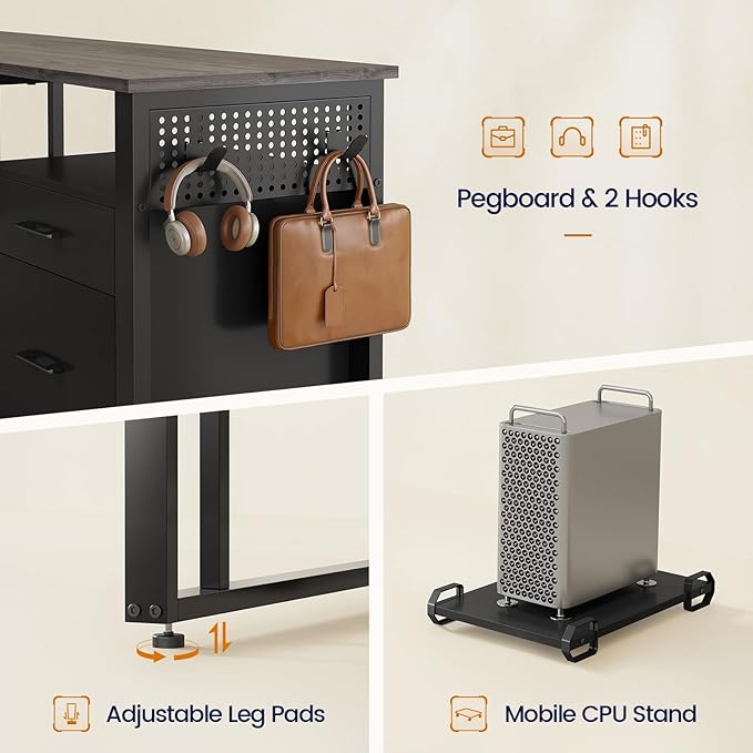 71 in Executive Desk with Power Outlets, Reversible L Shaped Computer Desk with File Drawers & Storage Shelves, Large Office Desk with Pegboard, Mobile CPU Stand, Modern Corner Desk (Grey)