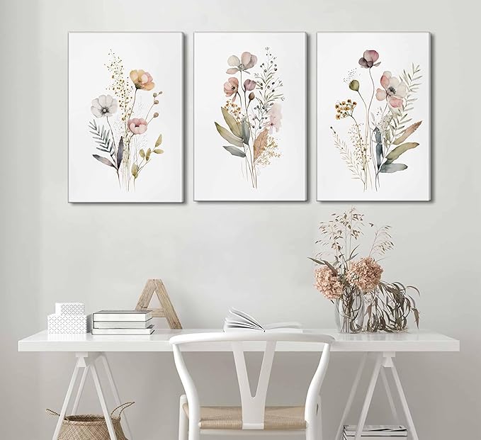 3Pcs Watercolor Wildflower Canvas Wall Art Modern Minimalist Colorful Botanical Floral Painting Picture Wall Decor Flower Posters Print Artwork for Living Room Bedroom Woman's room Home Decoration