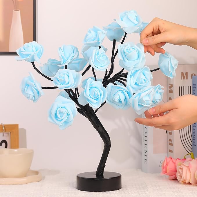 Drawelry Rose Flower Tree Lamp - LED Rose Tree Table Lamp USB/Battery Powered Artificial Bonsai Flower Night Light for Bedroom Living Room Party Wedding Birthday Decor (Blue)