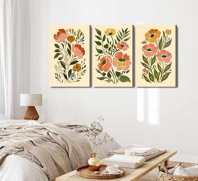 SFXYRTAH 3Pcs Boho Floral Canvas Wall Art Abstract Botanical Flower Prints Minimalist Plant Artwork for Living Room Bedroom Office Home Decor (12x16in canvas)