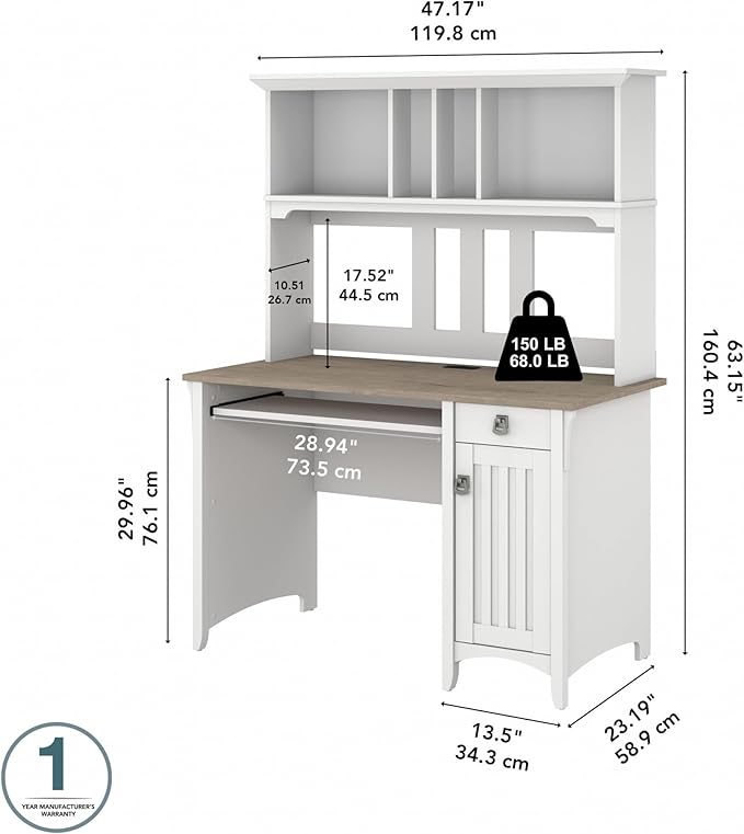 Bush Home Salinas Computer Desk with Hutch | Study Table with Drawers, Cabinets & Pullout Keyboard/Laptop Tray | Modern Home Office Desk in Pure White and Shiplap Gray | Work Desk with Storage