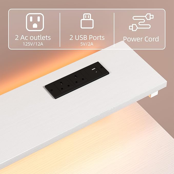 MUTUN Small Desk with Drawers, 31 Inch Computer Desk with Power Outlet & LED Light, Gaming Desk with Adjustable Monitor Stand & Pegboard, Modern PC Study Writing Table for Bedroom, White
