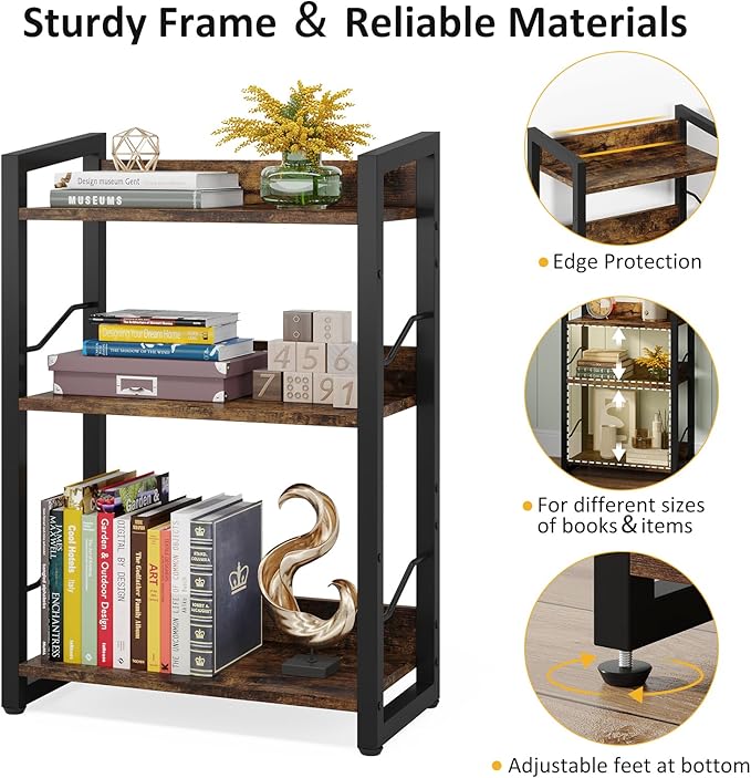 Hosfais Book Shelf Small Bookshelf: 3-Tier Wood Bookcase Industrial Bookshelf with Edge Protection Metal Narrow Bookcase Storage Organizer Display Rack for Bedroom Home Office (Rustic Brown)