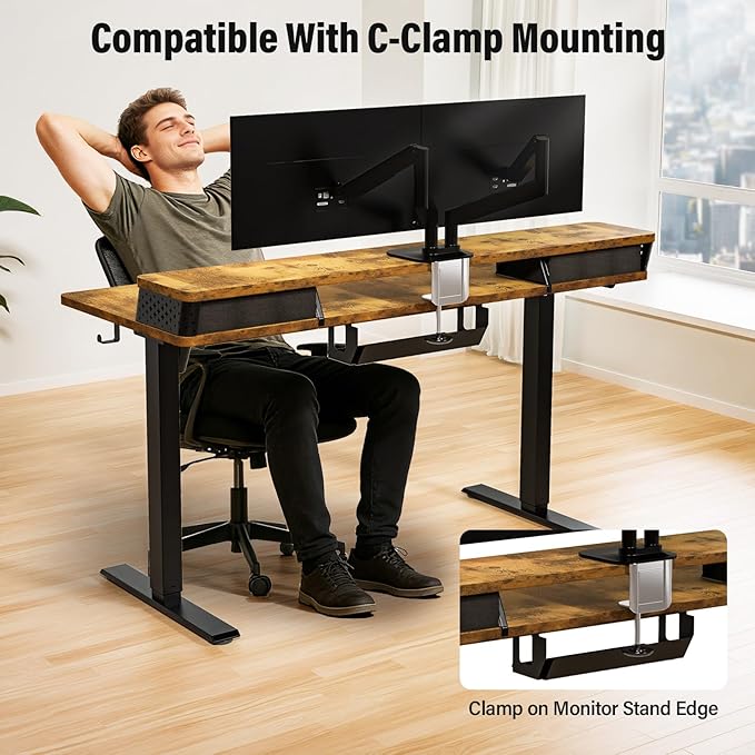 Kingant 48 x 24 Inch Electric Standing Desk with 4 Drawers, Height Adjustable Sit to Stand Computer Desk with Storage Shelf and C-Clamp Mount Compatibility for Home Office, Rustic Brown