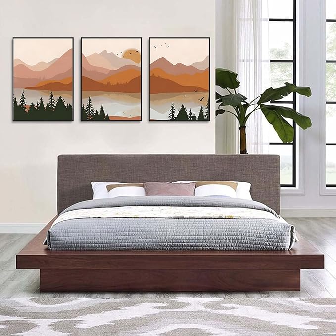 Bwodke Framed Mountain Wall Art Nature Landscape Watercolor Sun Forest Canvas Picture Prints Set of 3 Artwork Painting Home Wall Decor for Living Room Bedroom Office, Orange