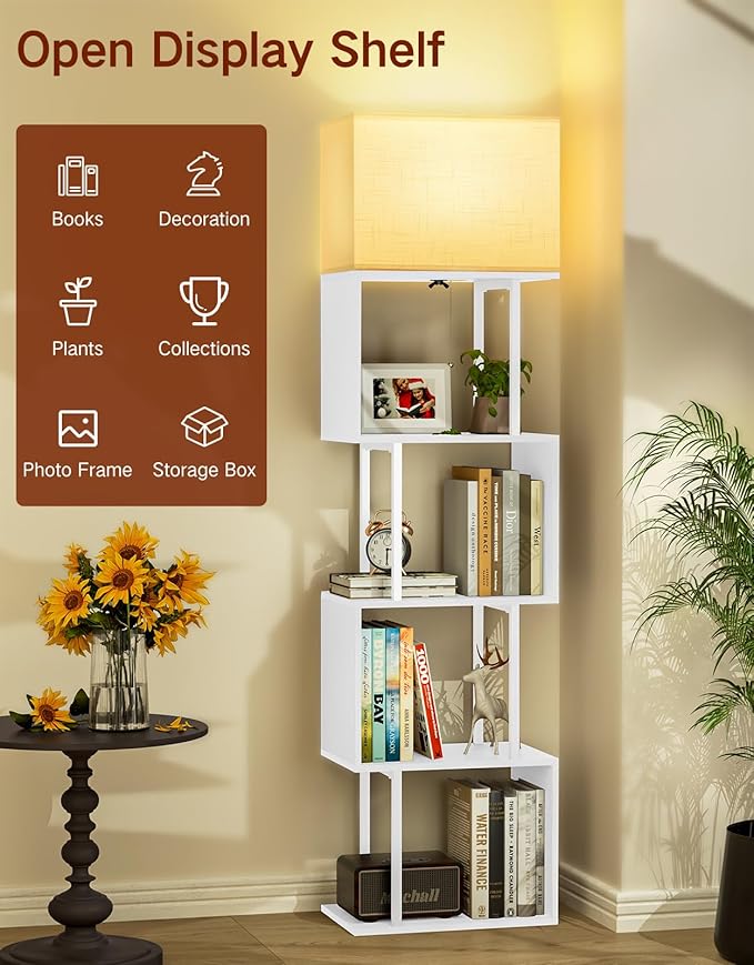 5-Tier Floor Lamp with Shelves & Remote, Dimmable S-Shaped Bookshelf with 3 Color Temperature, 1-Hour Timer, Tall Corner Standing Lamp for Living Room, Bedroom, Office