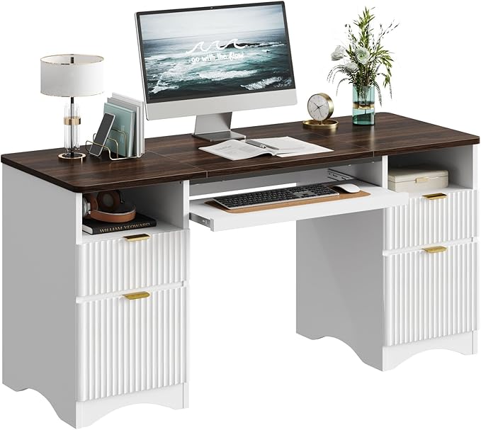 Bestier Computer Desk with Keyboard Tray, 59 inch Office Desk with 4 Drawers, Modern Home Office Desk with File Drawer (Walnut with White, 59" W with Double-Sided Drawers)