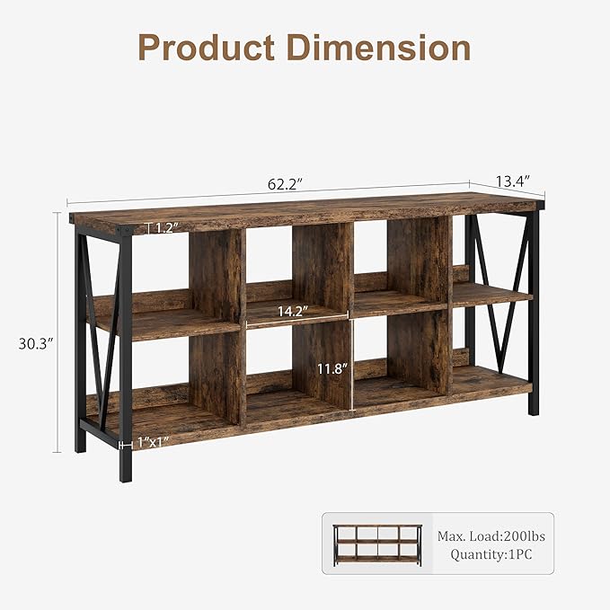 CABIHOME 62 Inch 8-Cube Storage Organizer Bookshelf, 3-Tier Metal Horizontal Bookcase, Industrial Console Bookshelf for Living Room, Entryway, or Office, Long Low Storage Shelf-Retro Brown.