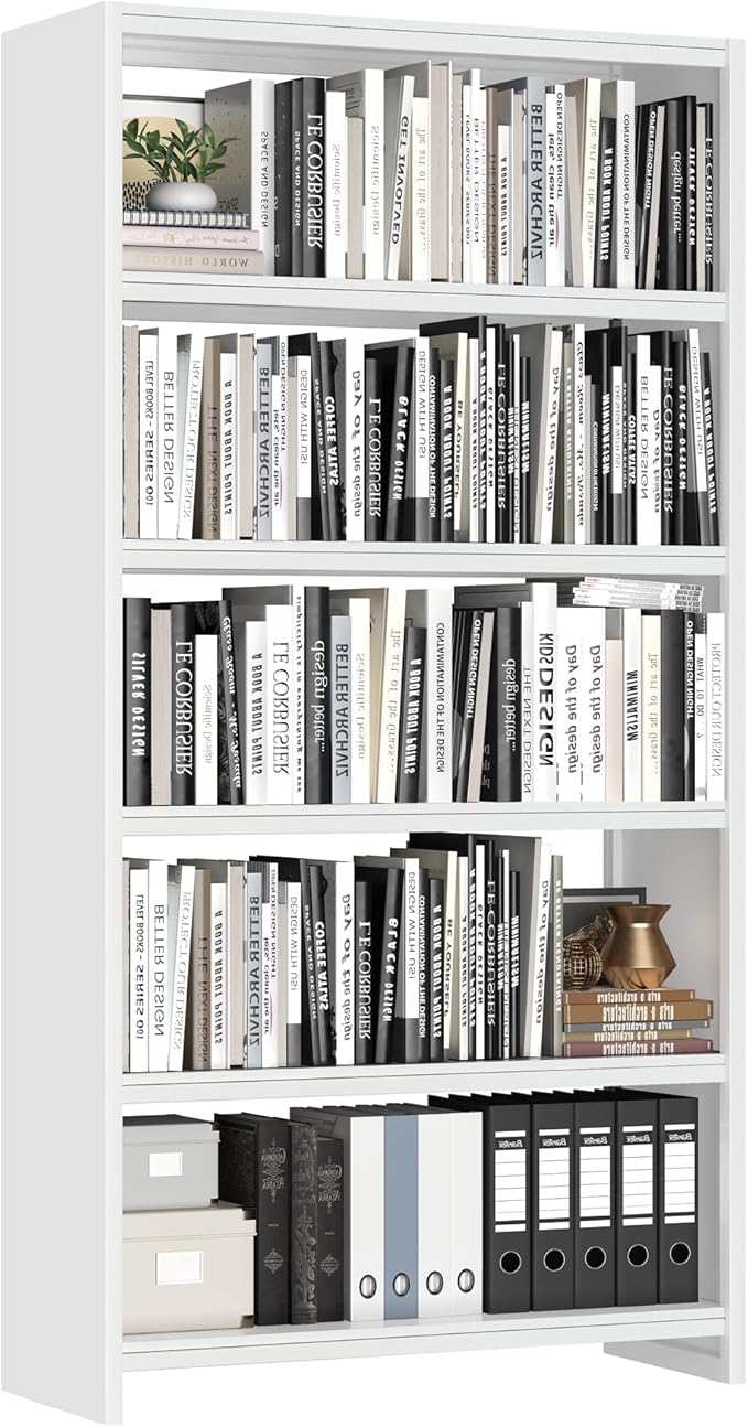 Bookshelf, White Bookshelf with 5 Storage Shelves, Large Metal Bookshelves, 69" Tall Bookcase for Living Room, Library, Office, Bedroom, Including Book Stopper,Simple Assembly