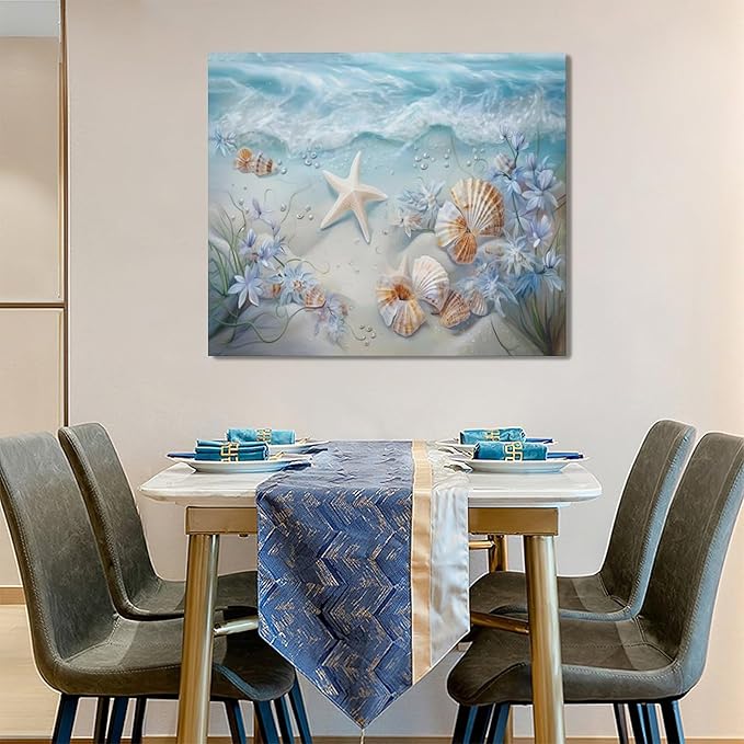 Beach Seashell Bathroom Wall Art Coastal Floral Pictures Wall Decor Flower Starfish Canvas Painting Modern Decoration Artwork for Bathroom Living Room Bedroom Office Framed 24"x20"