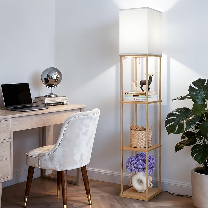 FOLKSMATE Floor Lamp with Shelves, 3-Tier Modern Square Bookshelf Floor Lamp, 3 Color Temperature Bulb Included, Floor Lamps for Living Room Bedroom Corner - Wood