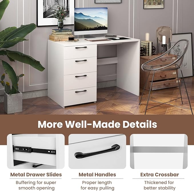 Giantex White Computer Desk with 4 Large Drawers, Home Office Laptop PC Desk, Writing Table, Modern Computer Workstation for Bedroom Study Room