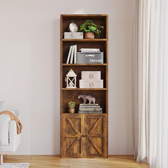 MXV Bookshelf Bookcase with Doors, 6 Tier 71" Tall Wooden Storage Shelves Organizer, Floor Standing Display Cabinet Shelves, Home Decor Furniture for Home Office, Living Room, Bedroom, Brown