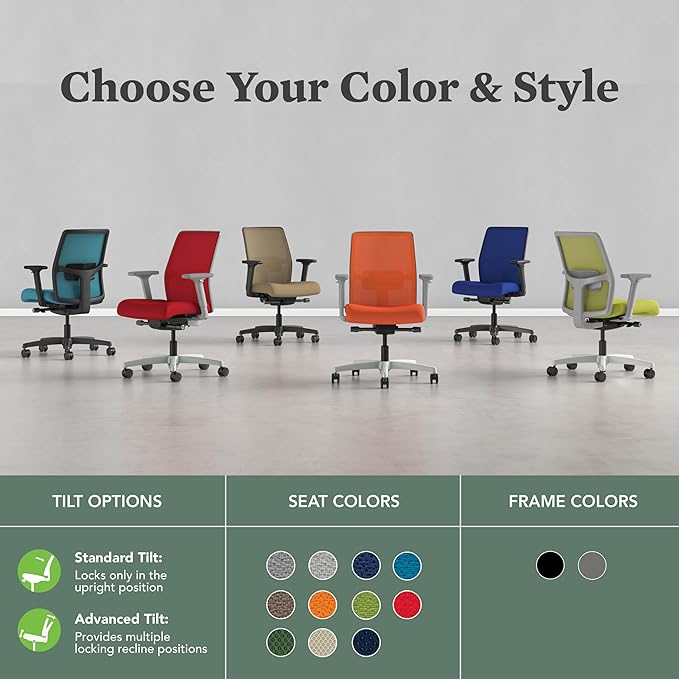 HON Ignition 2.0 Low Back Task Chair, Spectrum Mesh, Advanced Synchro-Tilt Control, Office Chair with Lumbar Support, Height and Width Adjustable Arms, Black Frame, Sky