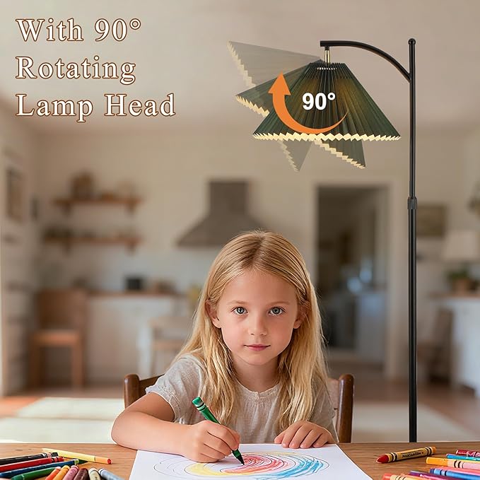 Floor Lamp with Table for Living Room, Tall Standing Lamps with Shelves, Height Adjustable Lamp Table Combo, Dimmable Corner Rustic Lamps with Tray for Bedroom Office, Bulb Included (Pleated Green)