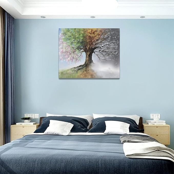 yerretin Tree of Life Wall Art Colorful Country Trees Pictures Wall Decor Rustic Four Season Canvas Painting Modern Artwork Home Decorations for Bathroom Living Room Bedroom Office Framed 20"x16"