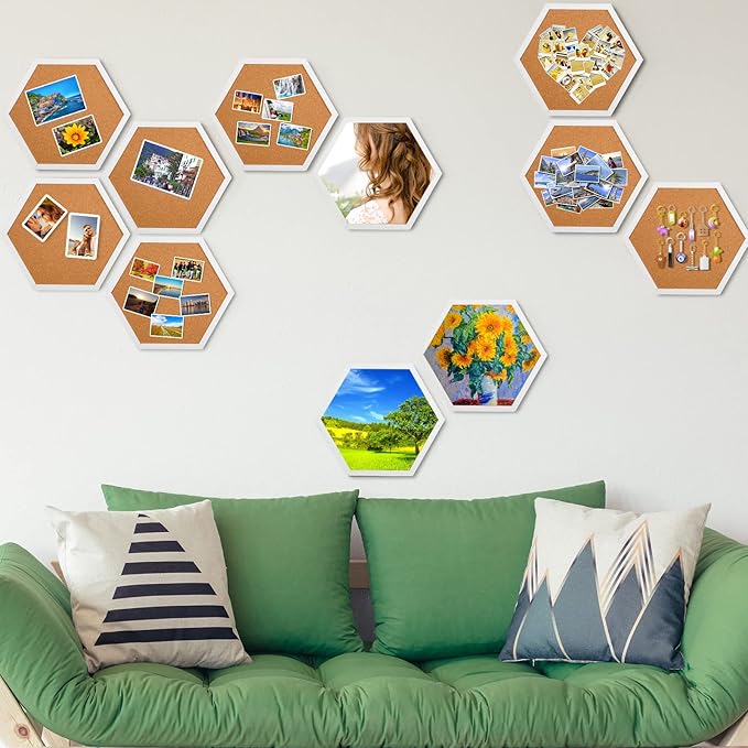 Treela 8 Packs Cork Bulletin Board with Frame, Decorative Linen Bulletin Cork Board Small Push Pin with 32 Push Pin 16 Clips for Office Welcome Back to School Wall Home Supplies(White,Hexagon)