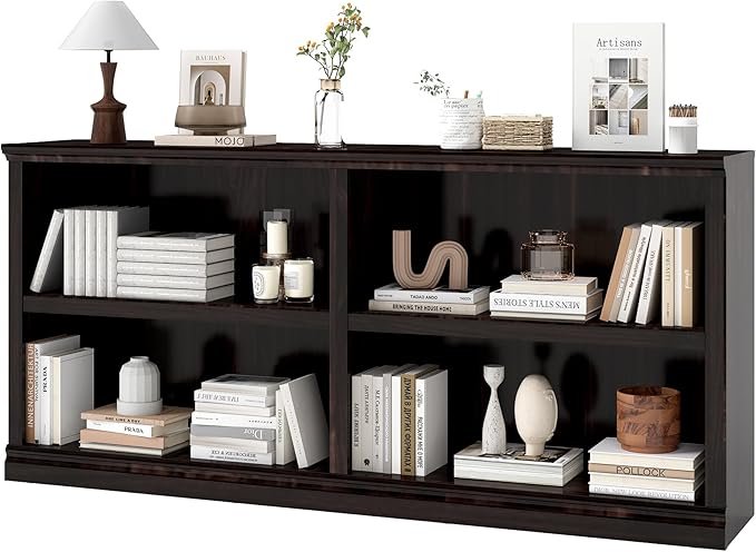 Double Wide Open Shelf Bookcase - 2 Tiers 4 Storage Cube Adjustable Space Book Case, Display Cabinet Organizer with Bookshelf, 64.8 inch Width Indoor Furniture for Home Library Office, Dark Cherry