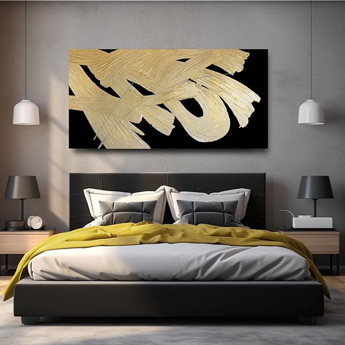Framed Canvas Prints Gold Abstract Wall Painting on Black Background Graffiti Artwork Black Art for Office Living Room Modern Hanging Decor 24"x 48"