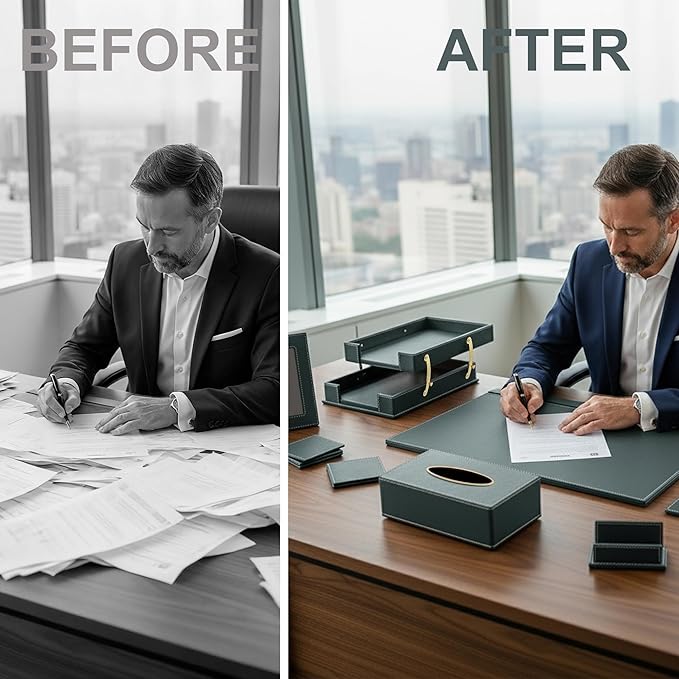 Leather Desk Set, 15-Piece Leather Desk Organizer, Executive Desk Organizer with Desk Pad & Blotter, 2-Tier Tray, Pen Holder, Office Accessories, Executive Desk Accessories(Green)