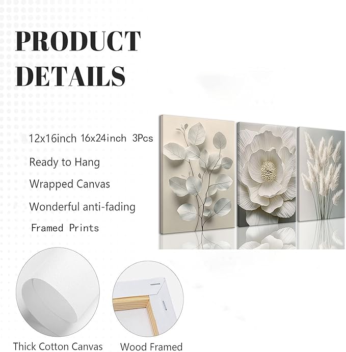 TUEASKY 3 Piece Canvas Wall Art Floral Wall Decor Neutral Pictures Flower Art Prints Botanical Paintings Beige Artwork For Bedroom Living Room