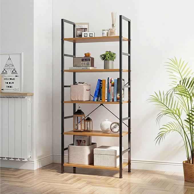 DUMOS 5 Tiers Bookshelf, Classical Book Shelf, Tall Display Shelves in Living Room/Home/Office, Storage Organizer for CDs/Books/Movies, Wood