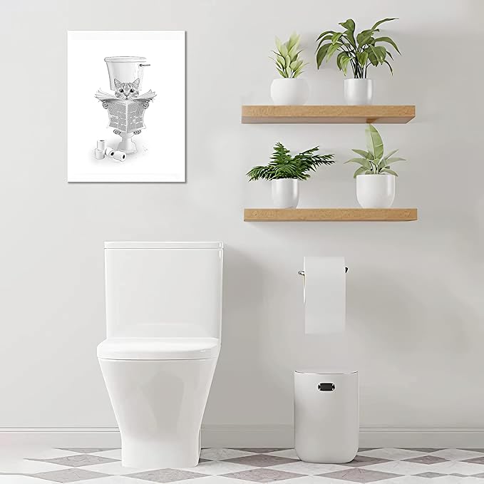 yerretin Funny Cat Bathroom Wall Art Black and White Cat Pictures Wall Decor Animal Bathroom Canvas Painting Modern Artwork Home Decorations Framed Ready to Hang 12"x16"
