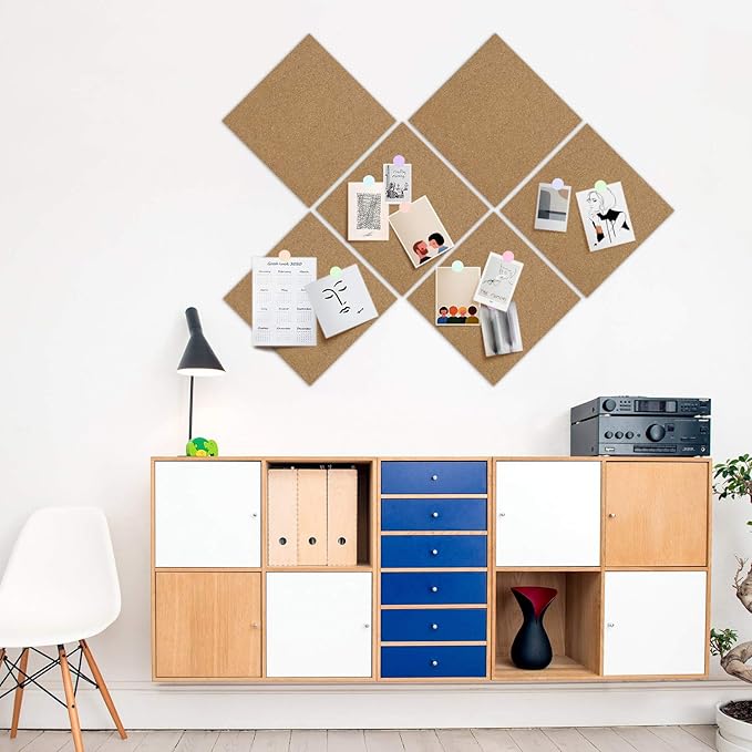 Cork Board Tiles 12”X 12” – 1/2” Thick Cork Board – Bulletin Board – Pin Board Decoration for Pictures,Ultra Strength Adhesive Backing – 6 Pieces Cork Boards for Walls – 1 Box Push Pins