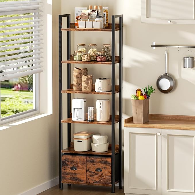 Furologee 6-Tier Bookshelf, Tall 71" Rustic Bookcase with 2 Drawers Storage Organizer, Industrial Display Free Standing Shelf Units, Wood and Metal Storage Rack for Home Office, Bedroom, Rustic Brown | Bookcase, 2 Drawers, Storage Organizer, Industrial...