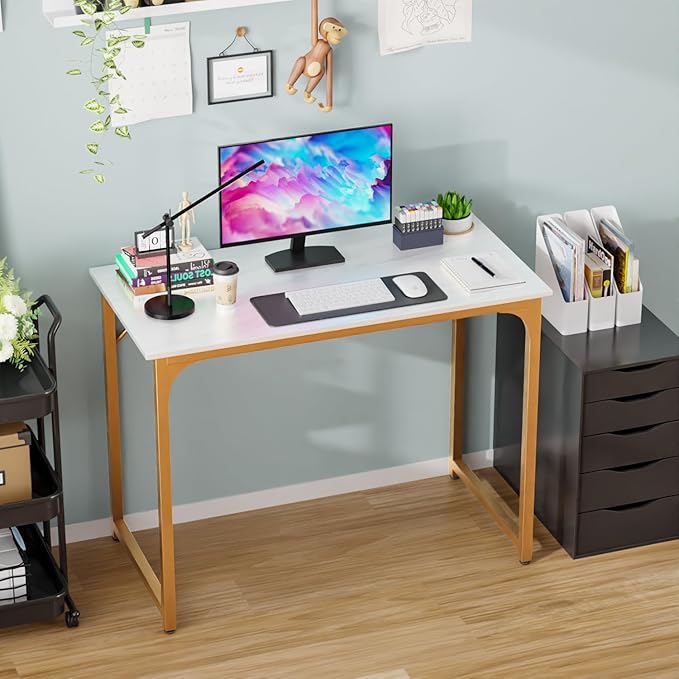 PayLessHere | 39 Inch Computer Desk | White Gold | Office Desk with Metal Frame, Adjustable Feet | Water-Resistant, Scratchproof Surface | Sturdy Writing Table for Home Office or Study | Pack of 1