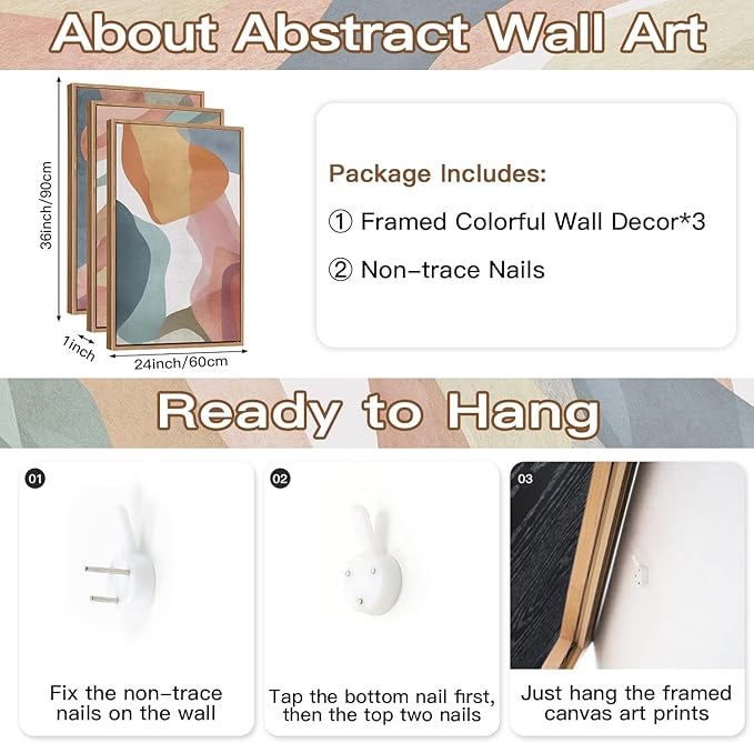 CHDITB Colorful Abstract Vibrant Pastel Framed Canvas Wall Art (24"x36"), 3 Panels Muticolor Modern Shape Block Groovy Artwork, Large Watercolor Minimalist Green Blue Yellow Aesthetic Art Decor Paintings for Bedroom Living Room Office