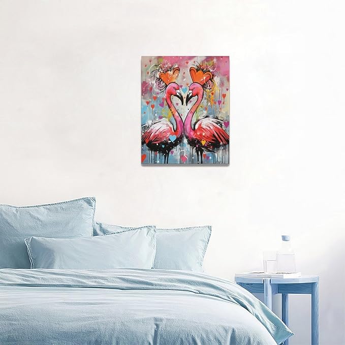 yerretin Flamingo Wall Art Banksy Graffiti Pictures Wall Decor Pink Canvas Painting Modern Home Decoration Artwork for Bathroom Bedroom Living Room Office Framed 16"x20"