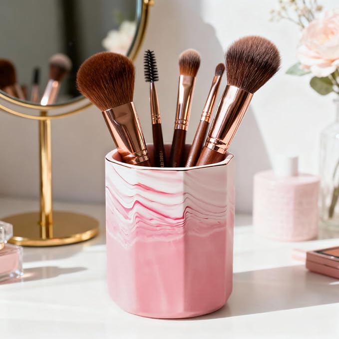 Aesthetic Desk Accessories Set of 2 For Your Office Desk Decor- Sturdy Concrete Desktop Accessories For Women or Men Enhance Any Office Decor - Set incl. Pen Holder, Paperclip Storage (pink and white)