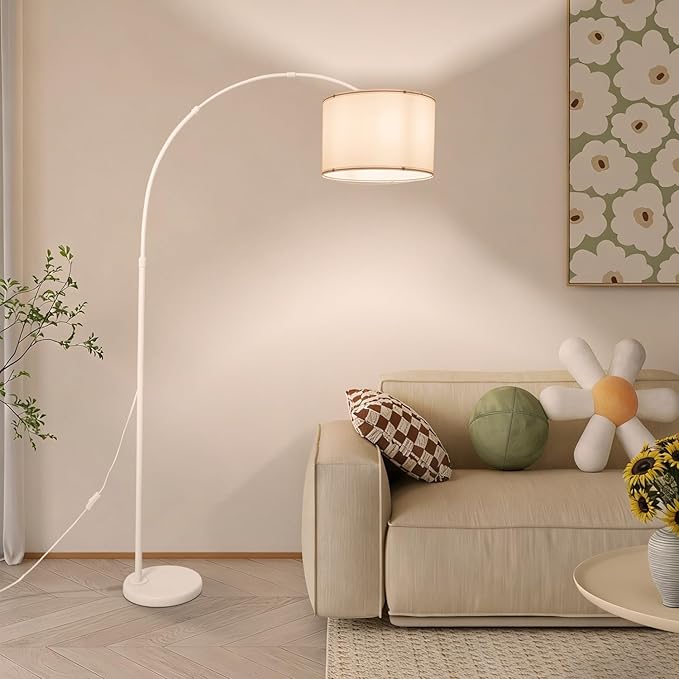 White Arc Floor Lamp with Marble Base, Modern Standing Floor Lamp with Adjustable Height Rotating Head, Tall Pole Lamp with Linen Shade, Over Couch Reading Light for Living Room Bedroom Office Corner