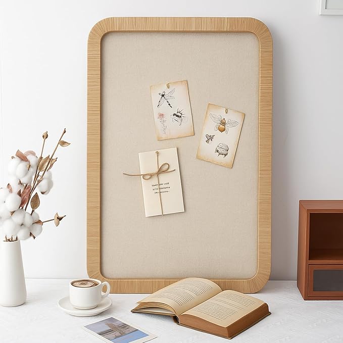 Vintage Framed Pin Board Linen Display Bulletin Board Large Cork Fabric Picture Photo Pinboard Memo Ornate Decorative Pinboard Ornate for Wall Gift(Boho Rectangle,20'' X 30'',Light Brown)