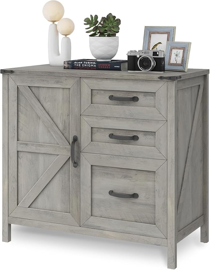 Lateral File Cabinet with 3 Drawers, Farmhouse File Cabinet for Letter/A4 Size Hanging Files, Large Wood File Storage Cabinets Printer Stand for Home Office Furniture, Grey