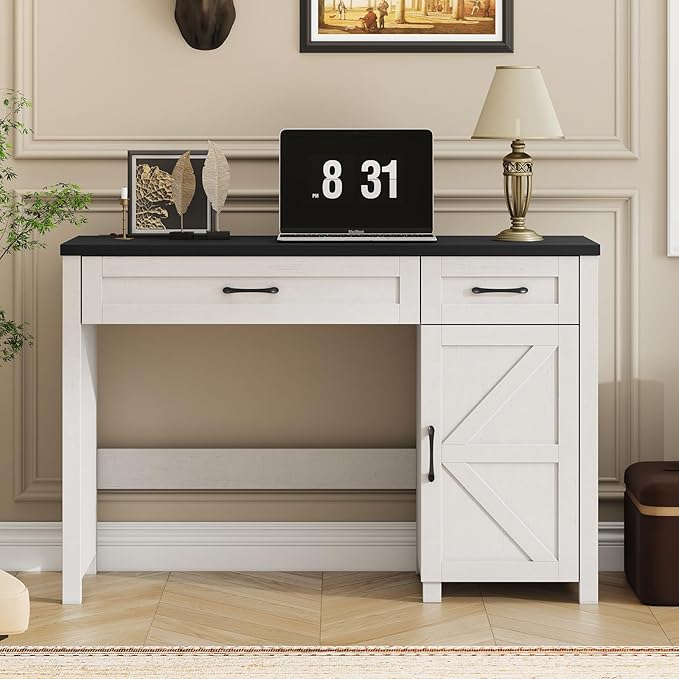 Farmhouse 47" Executive Desk, Computer Desk with Drawers and Storage Cabinet, Workstation Computer Desk for Home Office and Study(Black
