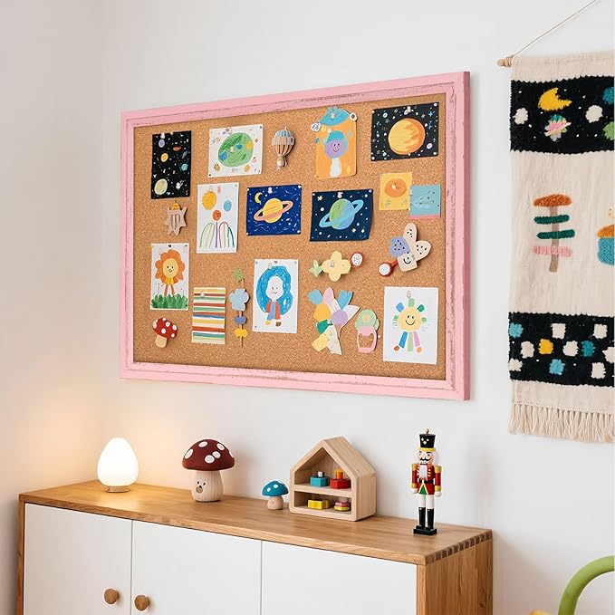 Cork Bulletin Board, 36" x 24" Corkboard for Wall, Pink Wooden Frame, Hanging Pin Board Tack Board for Home Office Decor, 10 Push Pins