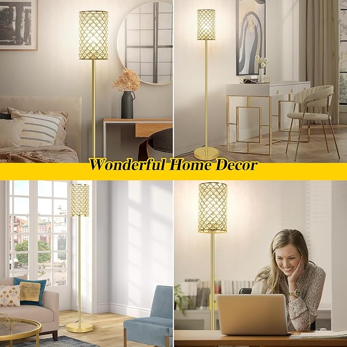Gold Floor Lamp, Crystal Floor Lamp with Decorative Shade, Standing Lamp with On/Off Foot Switch & E26 Base, Modern Floor Lamps Corner Tall Pole Light for Living Room, Girls Bedroom, Dresser, Office