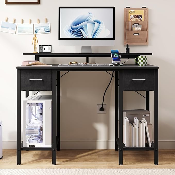 Black Computer Desk with Drawers, 42 Inch Home Office Desk Study Writing Table, Gaming Desk with USB Power Outlets, Office Desk with Fabric Drawer, Work Table with Shelf for Bedroom, Black