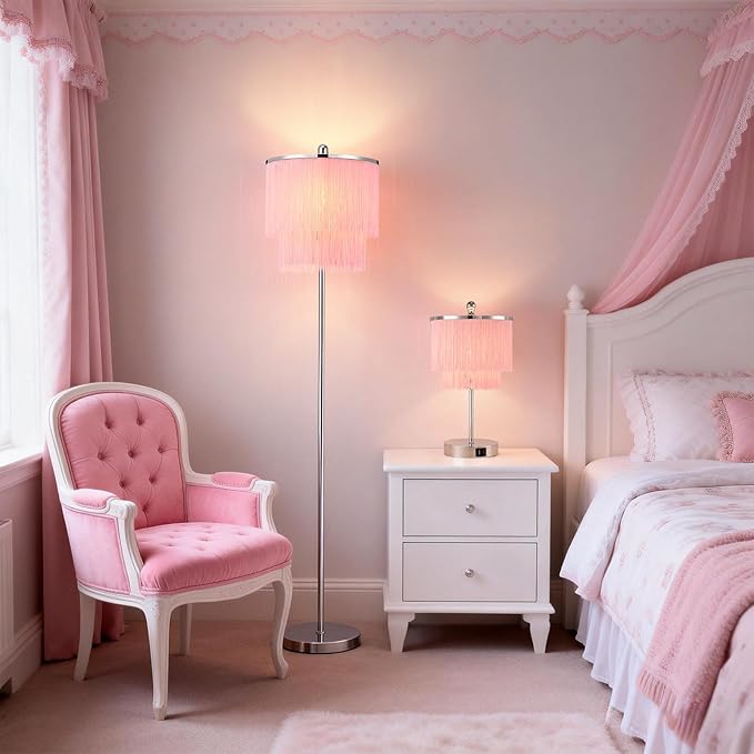 Modern Floor Lamp with Pink Tassel Lampshade for Girls Room, 63" Tall Fringe Standing Bedroom Lamp with Soft Lighting, Boho Stand Up Corner Pink Lamp for Living Room(Bulb Included)