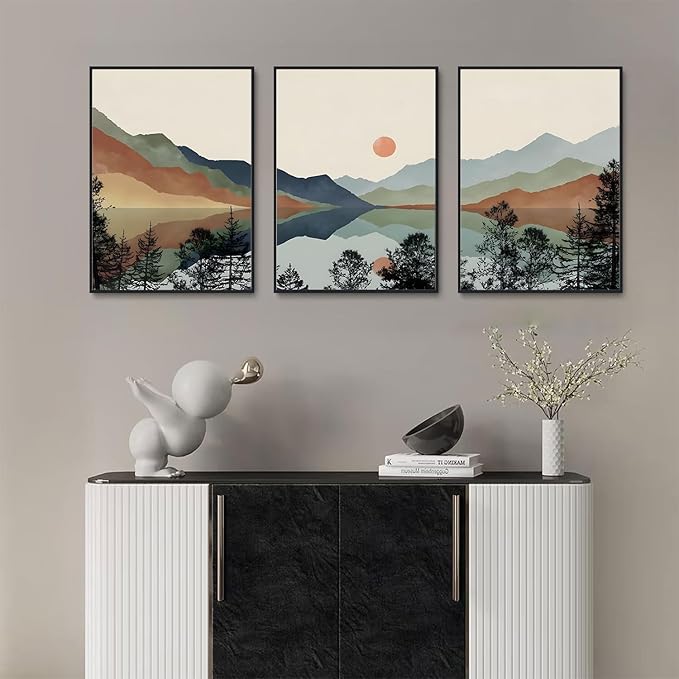 Bwodke Framed Wall Art Canvas Mountain Wall Art Set of 3 Boho Watercolor Nature Landscape Picture Decor Sun Forest Prints Artwork Painting for Living Room Bedroom Office 16"x24"