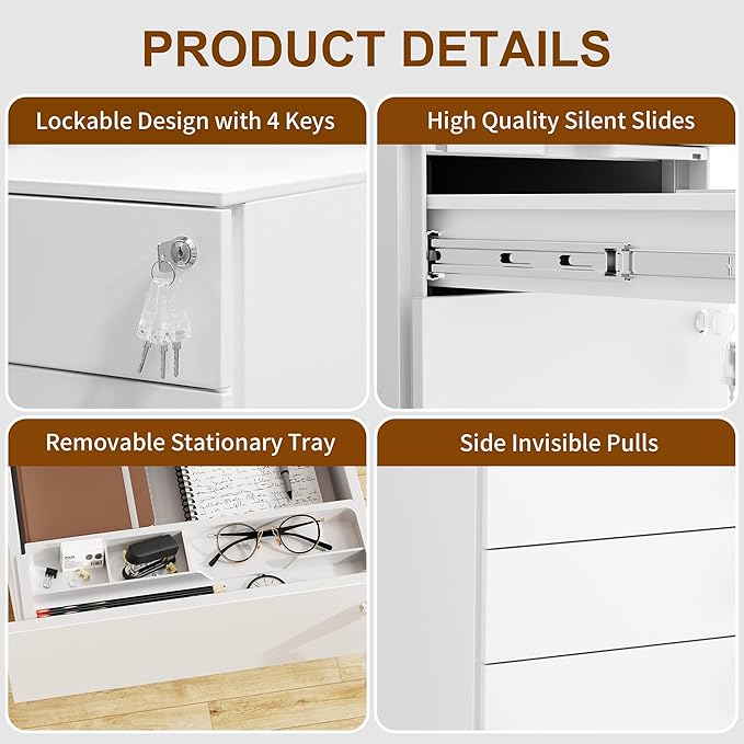 3 Drawers File Cabinet with 3 Lock, Mobile Metal Filing Cabinet, Fully Assembled Except Casters, for Home Office, for A4, Letter, Legal File Folders, White