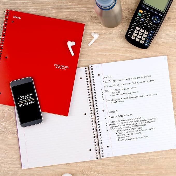 Five Star Spiral Notebook + Study App, 3 Subject, College Ruled Paper, Fights Ink Bleed, Water Resistant Cover, 8-1/2" x 11", 150 Sheets, Red (72065) (Pack of 6)
