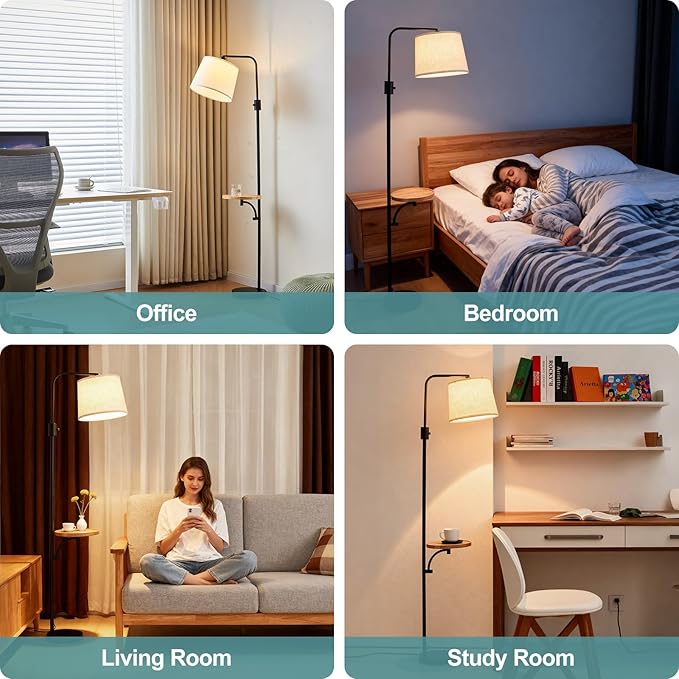 Corner Floor Lamp with Table, Black Modern Standing Lamp with Shelf, Dimmable Arc Tall Side Table with Lights for Living Room Bedroom Office with Adjust Head, Rotary Switch,LED Bulb Included