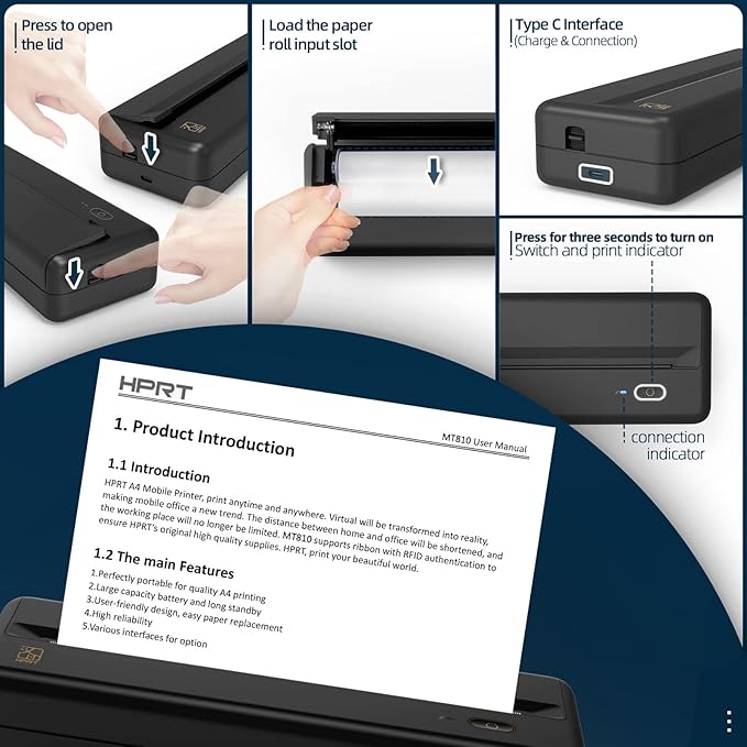 HPRT MT810 Wireless Portable Printer – Bluetooth Thermal Inkless Printer for Travel, Mobile Office, School and Home – Compatible with iOS, Android (Black)