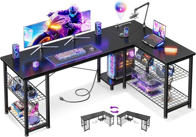 Casaottima 59 Inch L Shaped Gaming Desk with Shelves & Power Outlets, Reversible Computer Desk with Storage Shelves for Home Office, Black