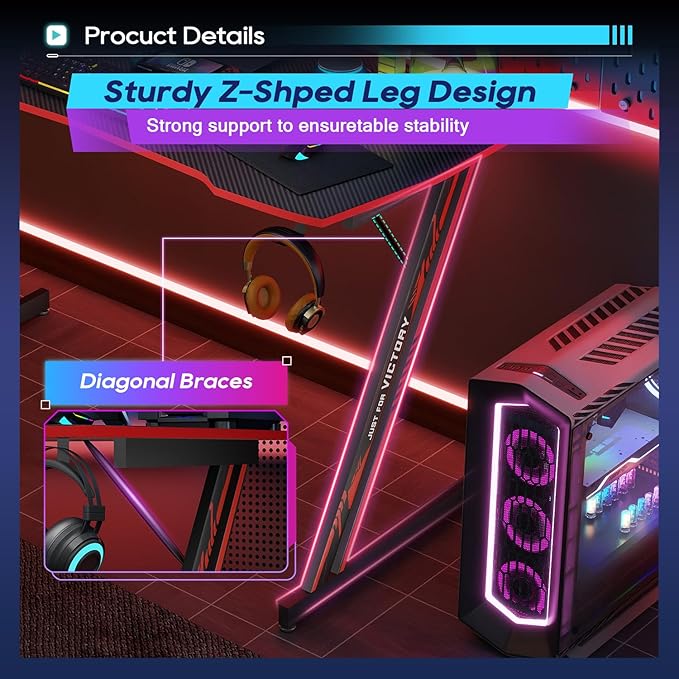 BestOffice 39" Gmaing Desk Computer Gaming Desk Z Shaped Gaming Workstation Ergonomic Gaming Table with Headphone Hook for Game Players,Black&Red