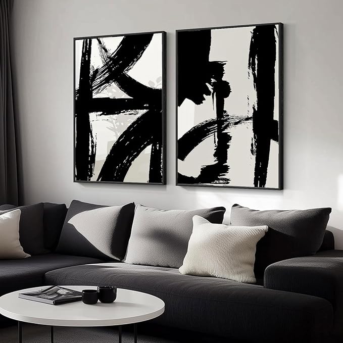 Set of 2 Framed Black and White Brush Stroke Canvas Wall Art Modern Abstract Minimalist Ink Line Painting Retro Mid-Century Geometric Poster Prints for Office Home Decor (12inx16in Framed)